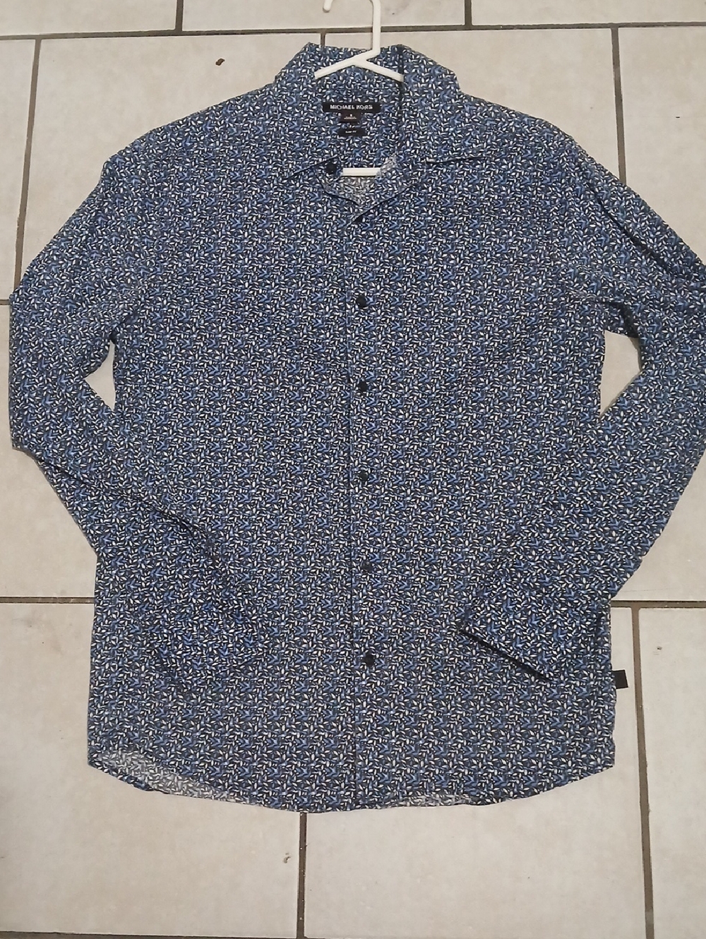 MICHEAL KORS Mens Size S Navy & White Micro-Print Long Sleeve Dress Shirt